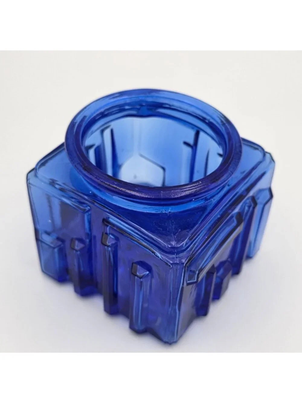 Cobalt Blue Art Deco Square Glass Vanity Powder Jar Textured No Lid 3.25
